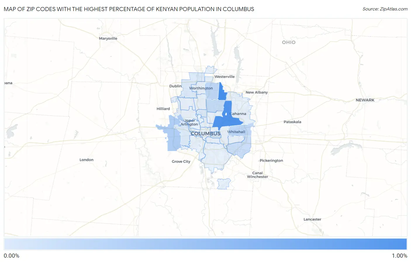 Zip Codes with the Highest Percentage of Kenyan Population in Columbus Map