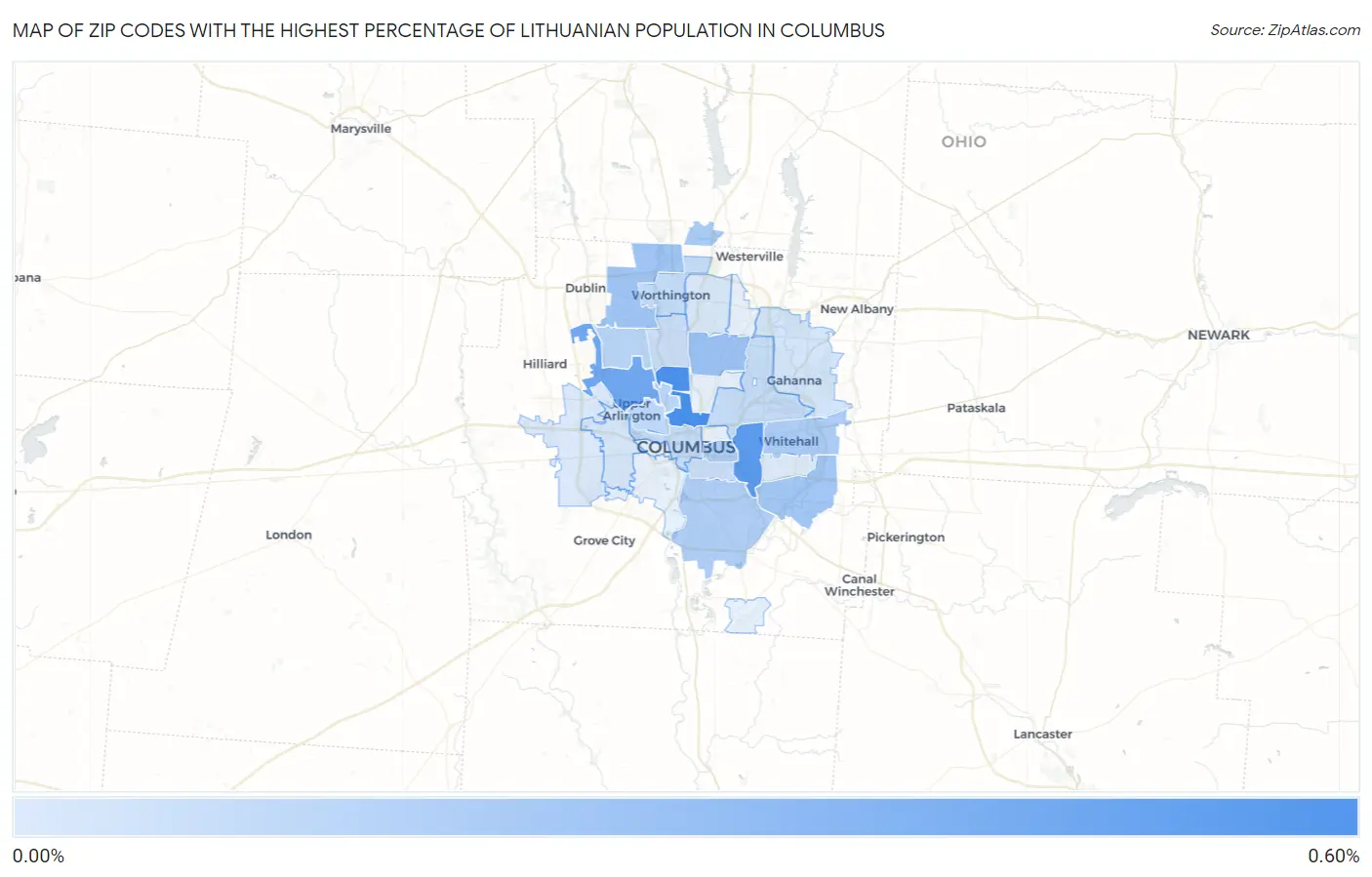 Zip Codes with the Highest Percentage of Lithuanian Population in Columbus Map