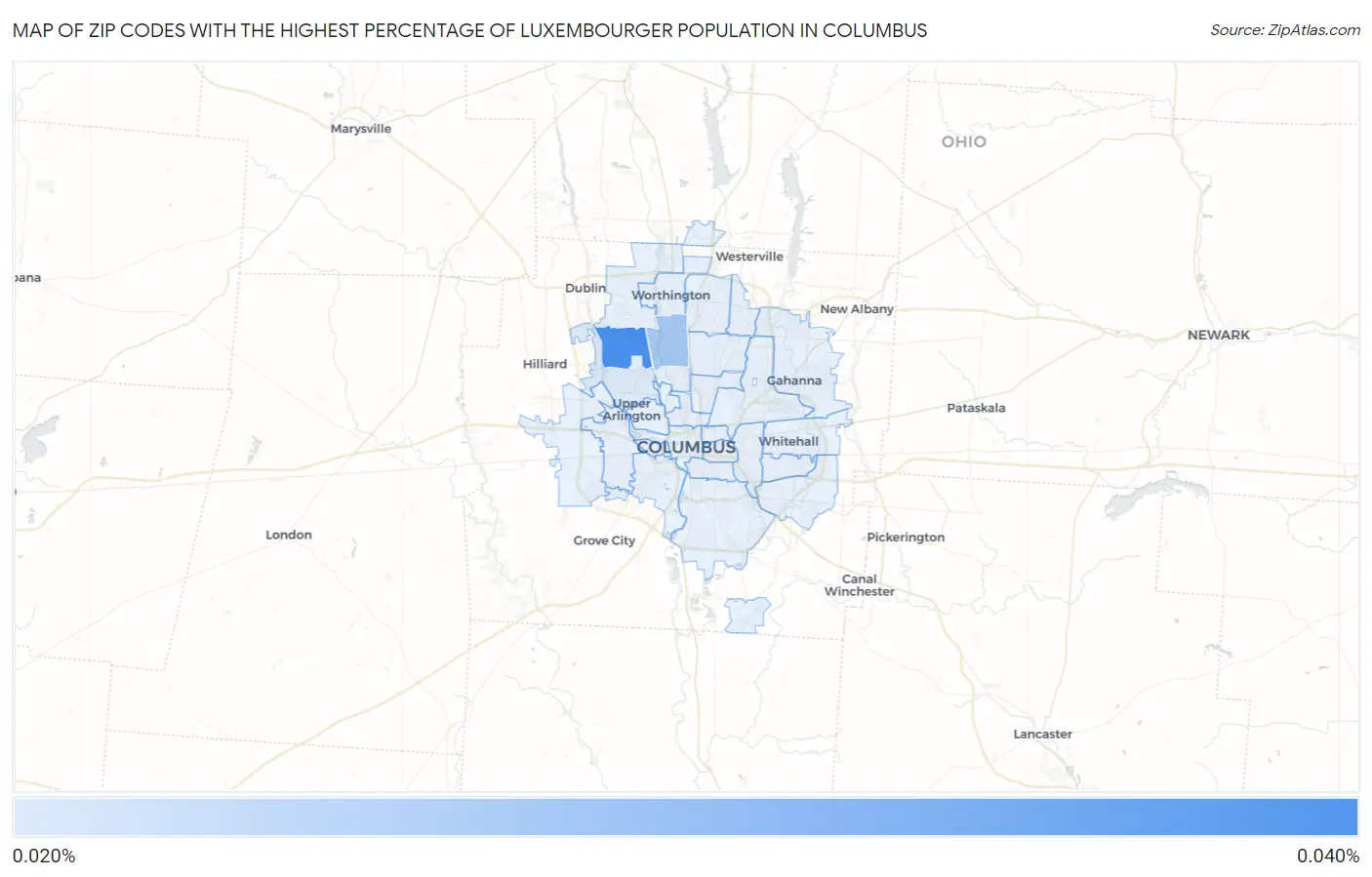 Zip Codes with the Highest Percentage of Luxembourger Population in Columbus Map