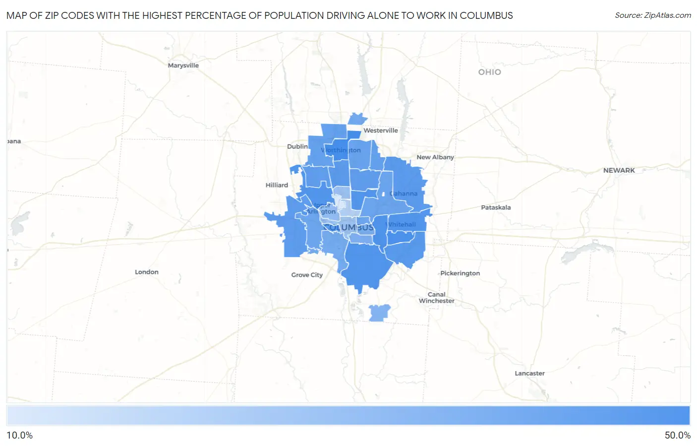 Zip Codes with the Highest Percentage of Population Driving Alone to Work in Columbus Map