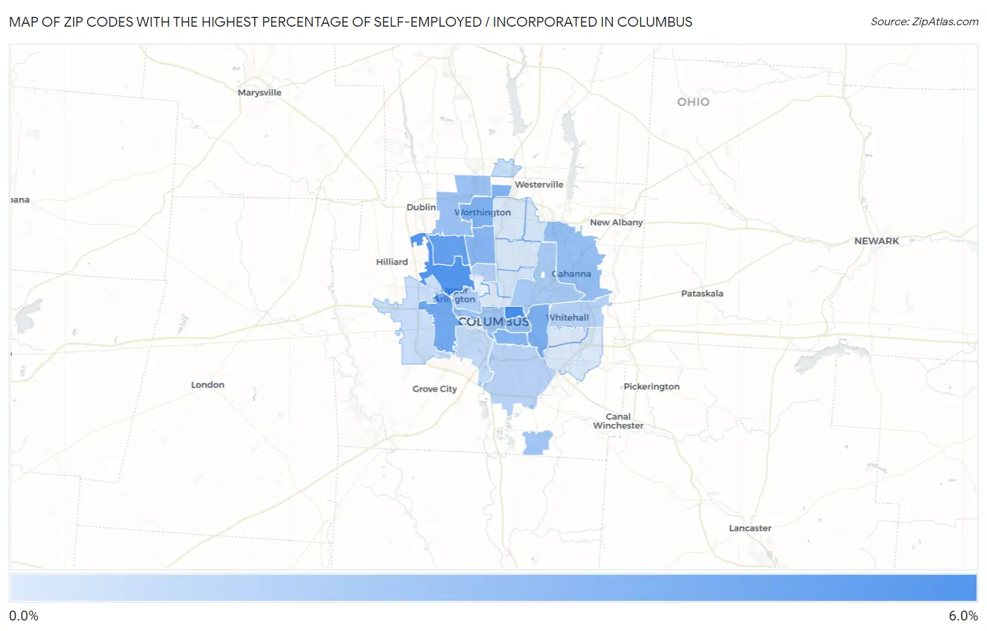 Zip Codes with the Highest Percentage of Self-Employed / Incorporated in Columbus Map