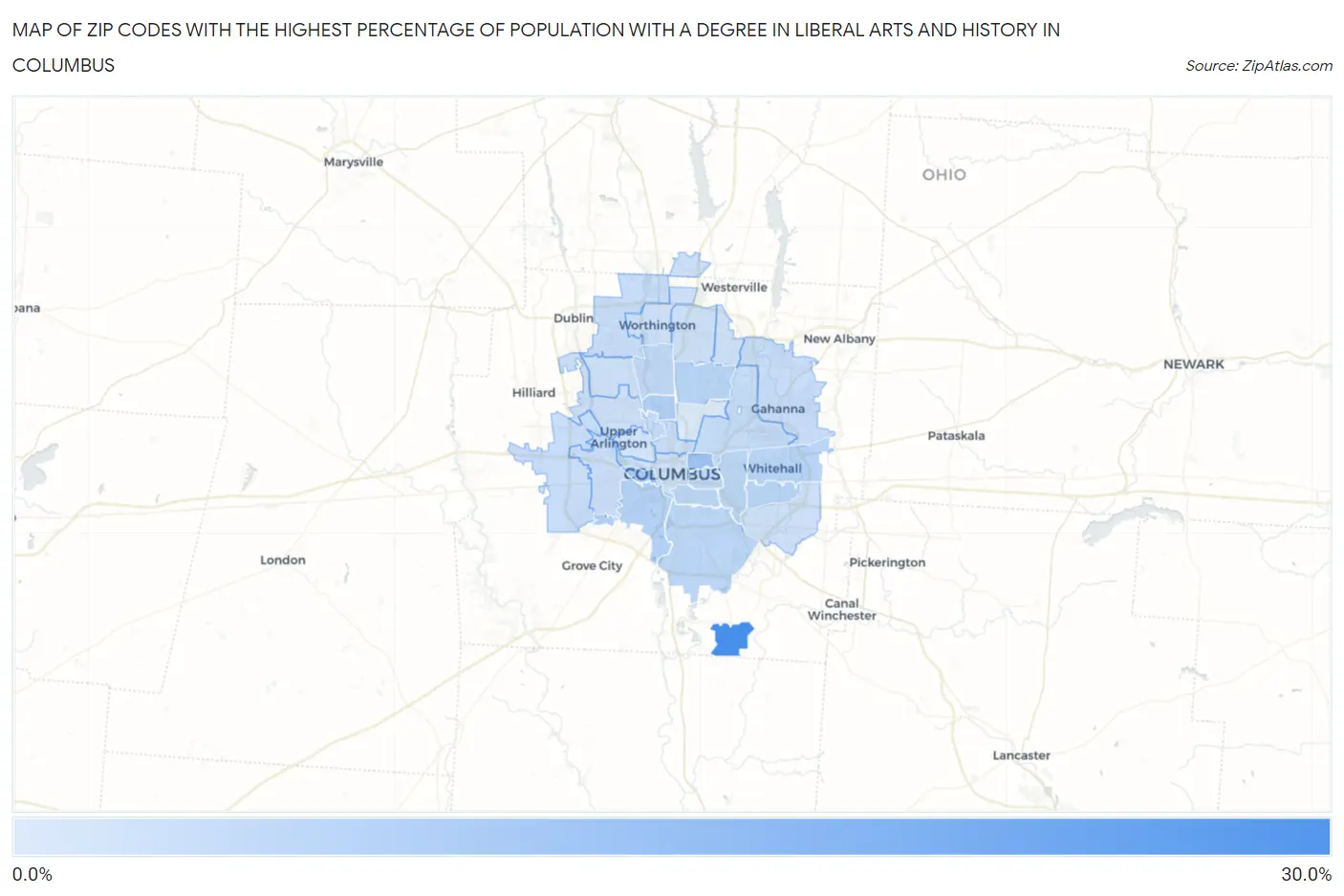 Zip Codes with the Highest Percentage of Population with a Degree in Liberal Arts and History in Columbus Map