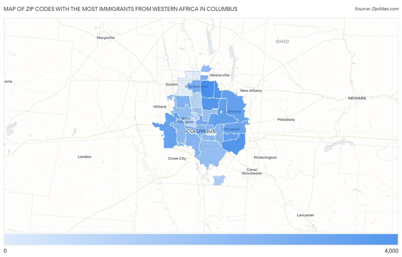 Zip Codes with the Most Immigrants from Western Africa in Columbus Map