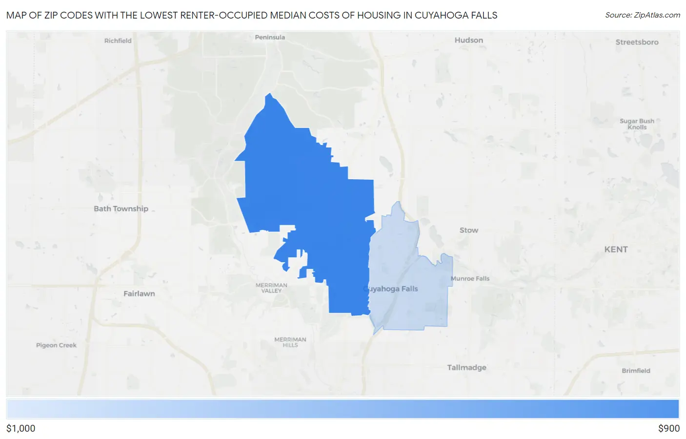 Zip Codes with the Lowest Renter-Occupied Median Costs of Housing in Cuyahoga Falls Map