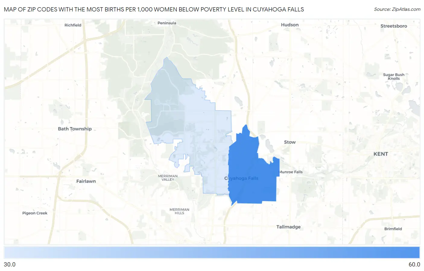 Zip Codes with the Most Births per 1,000 Women Below Poverty Level in Cuyahoga Falls Map