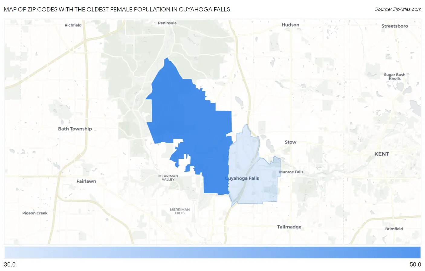 Zip Codes with the Oldest Female Population in Cuyahoga Falls Map