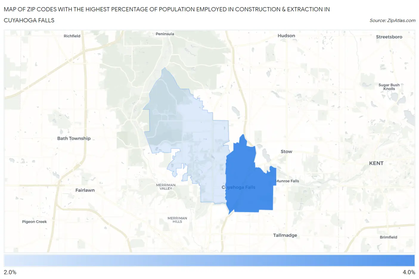 Zip Codes with the Highest Percentage of Population Employed in Construction & Extraction in Cuyahoga Falls Map