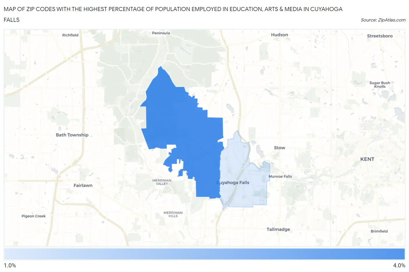 Zip Codes with the Highest Percentage of Population Employed in Education, Arts & Media in Cuyahoga Falls Map