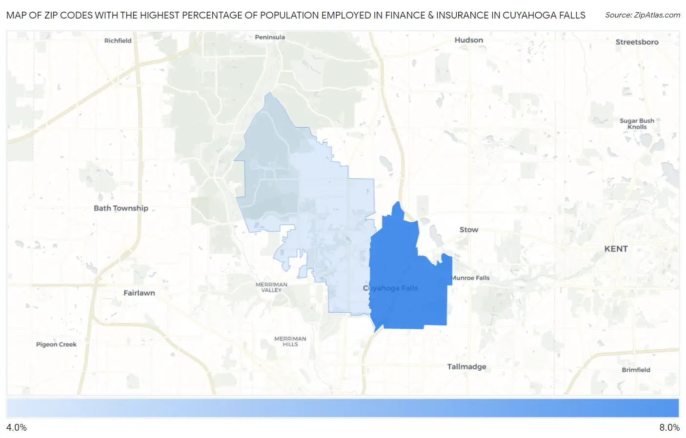 Zip Codes with the Highest Percentage of Population Employed in Finance & Insurance in Cuyahoga Falls Map