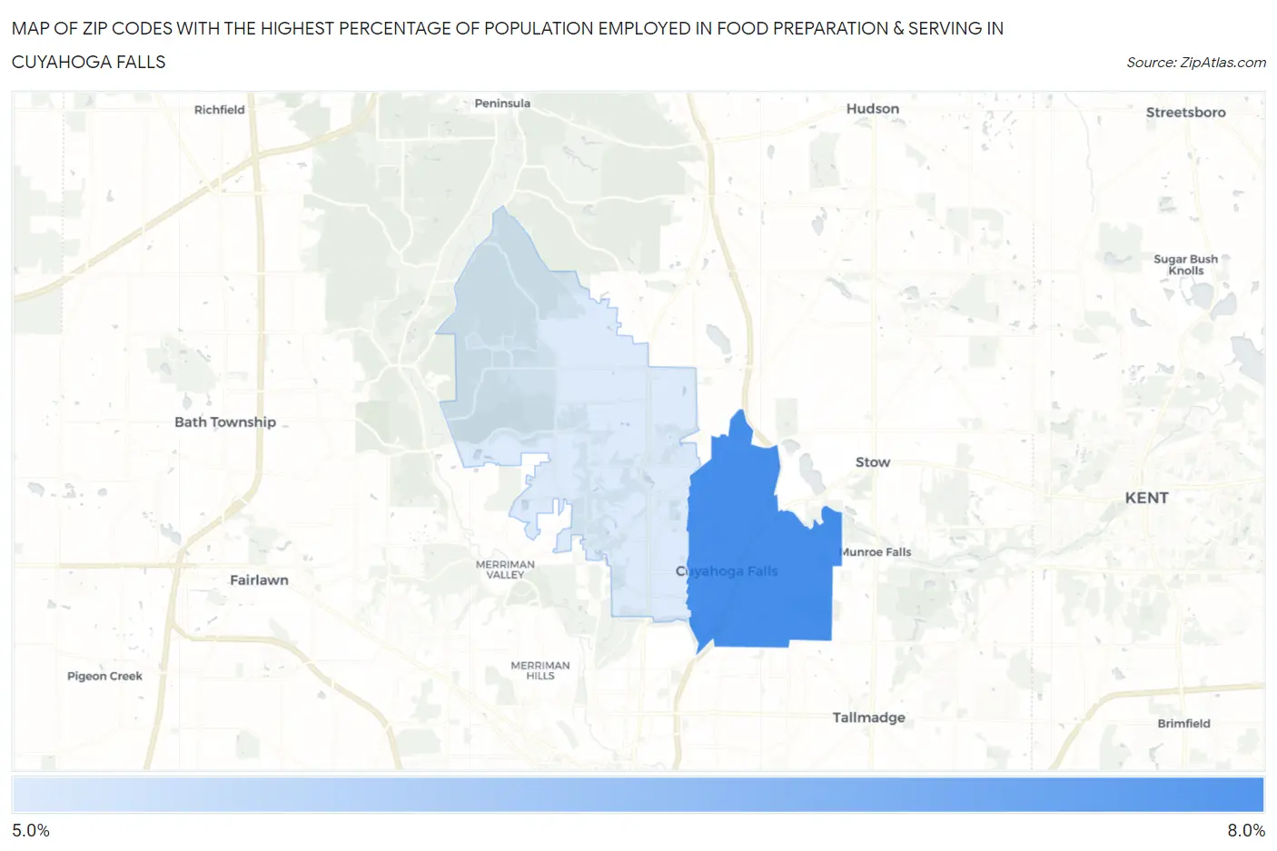 Zip Codes with the Highest Percentage of Population Employed in Food Preparation & Serving in Cuyahoga Falls Map