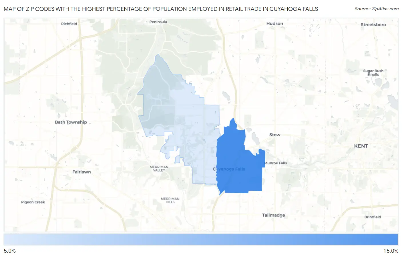 Zip Codes with the Highest Percentage of Population Employed in Retail Trade in Cuyahoga Falls Map