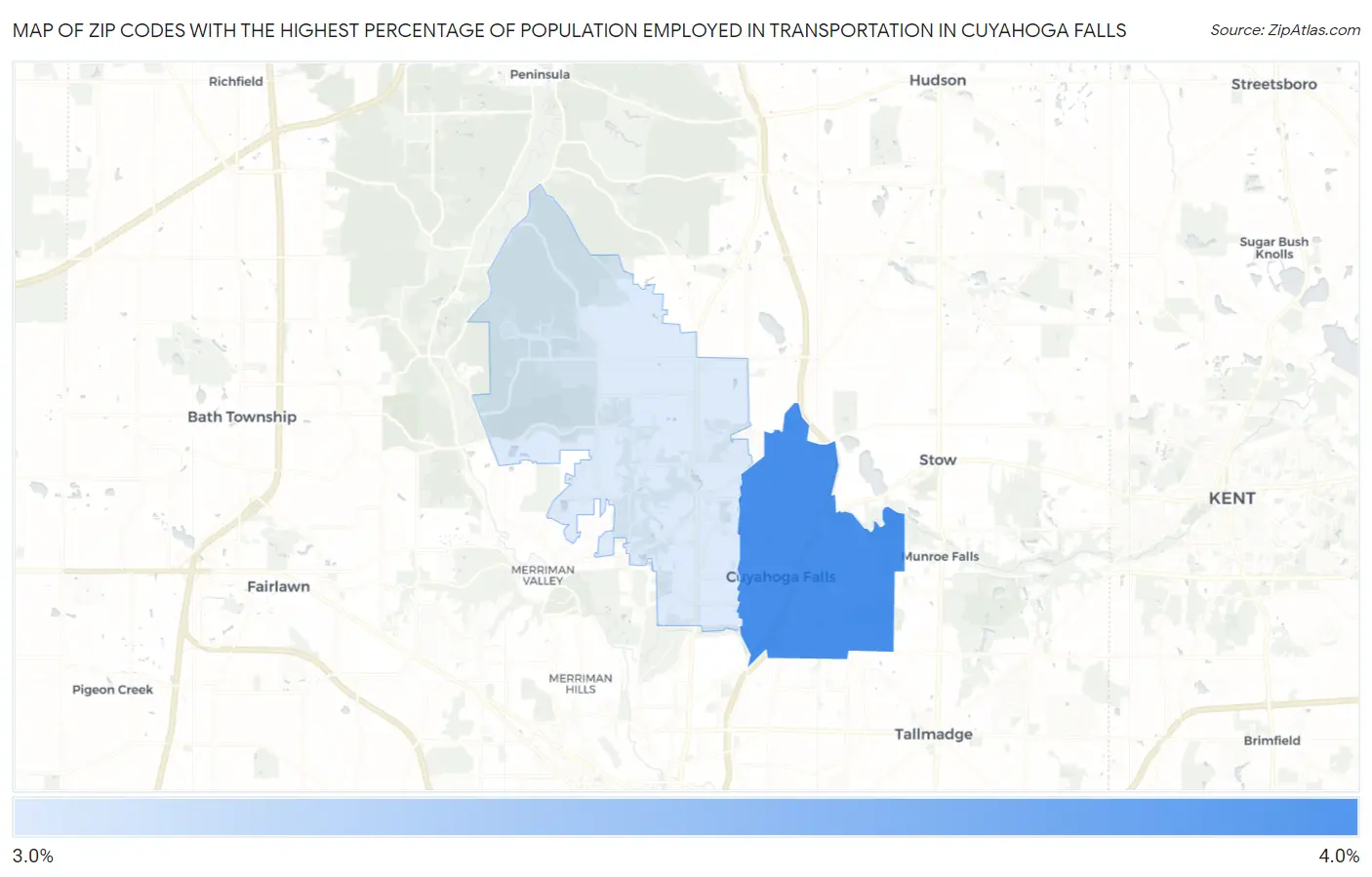 Zip Codes with the Highest Percentage of Population Employed in Transportation in Cuyahoga Falls Map
