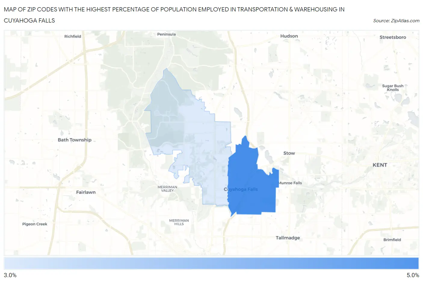 Zip Codes with the Highest Percentage of Population Employed in Transportation & Warehousing in Cuyahoga Falls Map