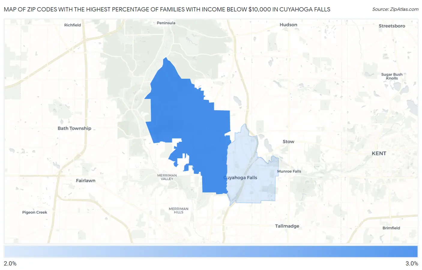 Zip Codes with the Highest Percentage of Families with Income Below $10,000 in Cuyahoga Falls Map