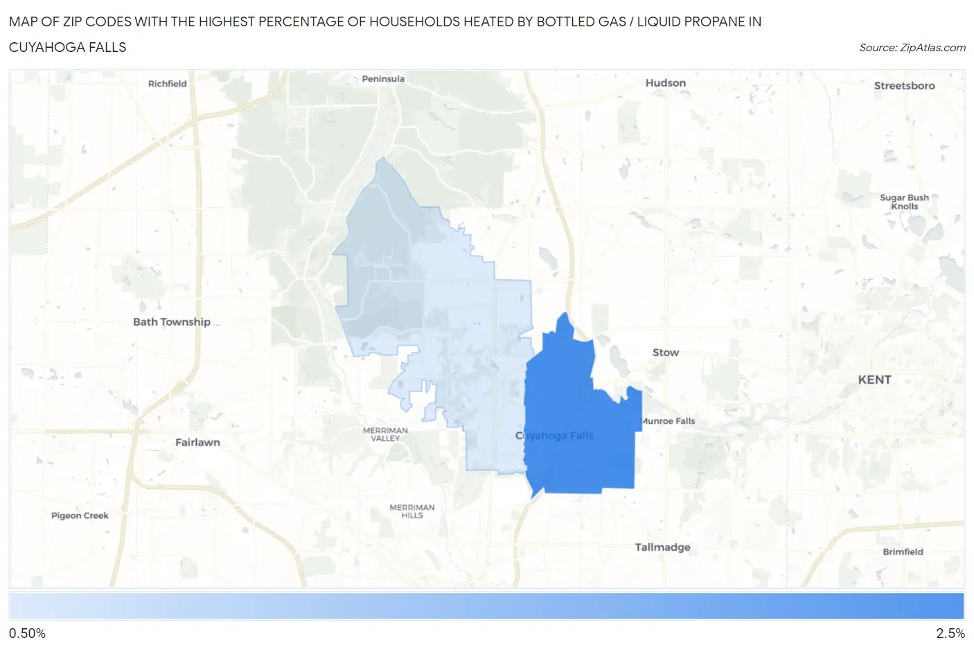 Zip Codes with the Highest Percentage of Households Heated by Bottled Gas / Liquid Propane in Cuyahoga Falls Map