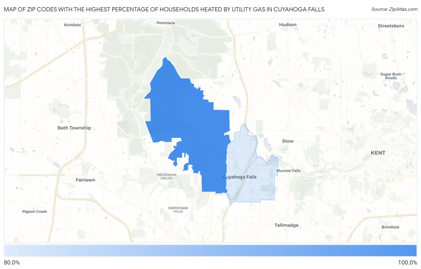 Zip Codes with the Highest Percentage of Households Heated by Utility Gas in Cuyahoga Falls Map