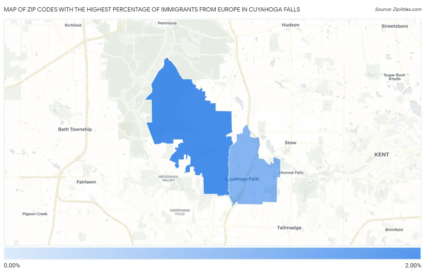 Zip Codes with the Highest Percentage of Immigrants from Europe in Cuyahoga Falls Map
