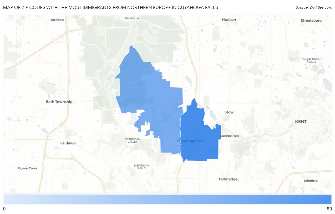 Zip Codes with the Most Immigrants from Northern Europe in Cuyahoga Falls Map