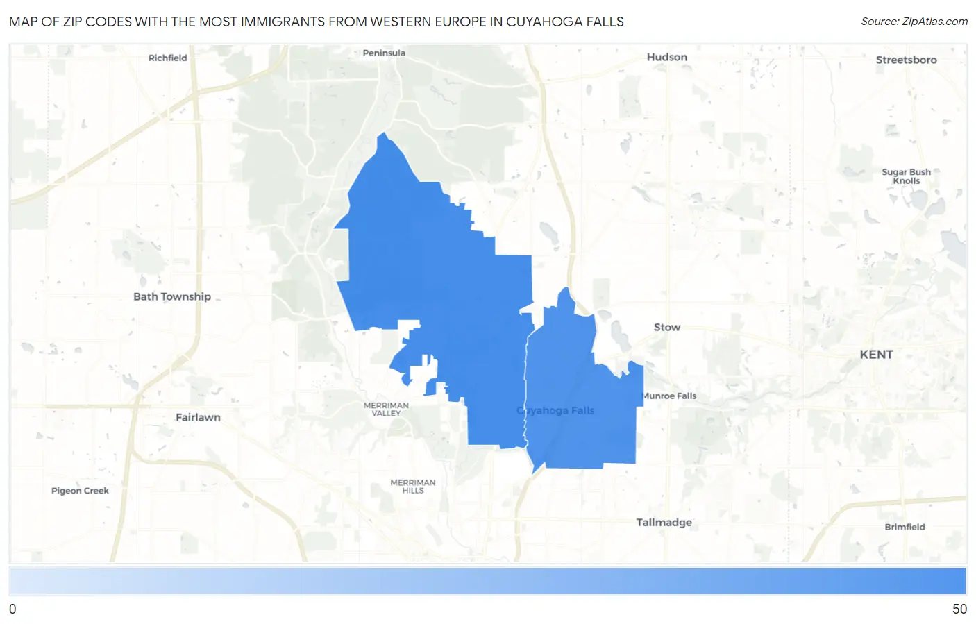 Zip Codes with the Most Immigrants from Western Europe in Cuyahoga Falls Map