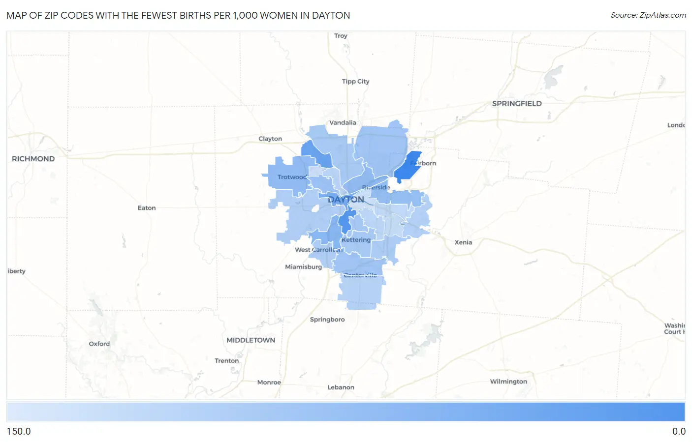 Zip Codes with the Fewest Births per 1,000 Women in Dayton Map