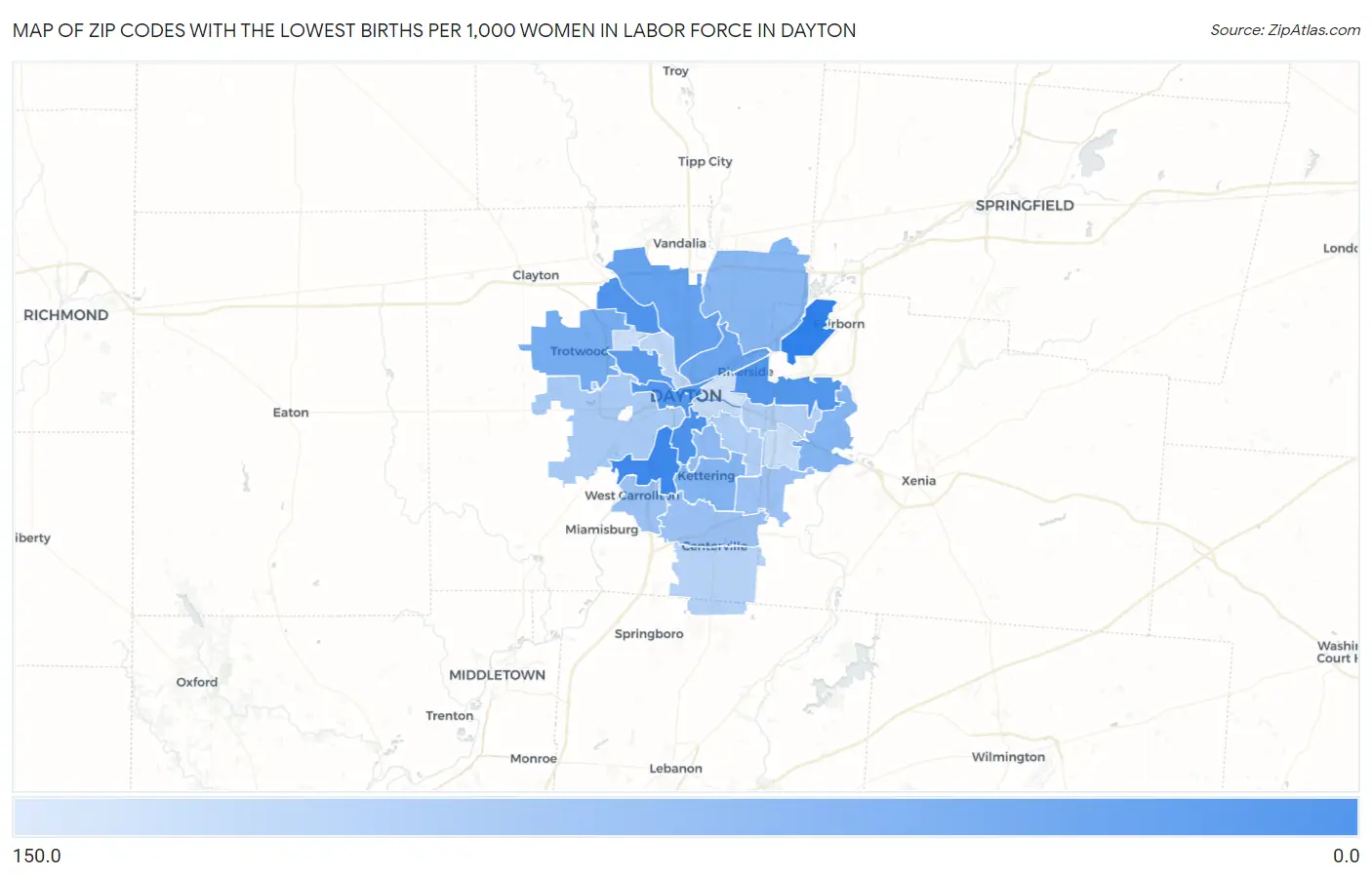 Zip Codes with the Lowest Births per 1,000 Women in Labor Force in Dayton Map