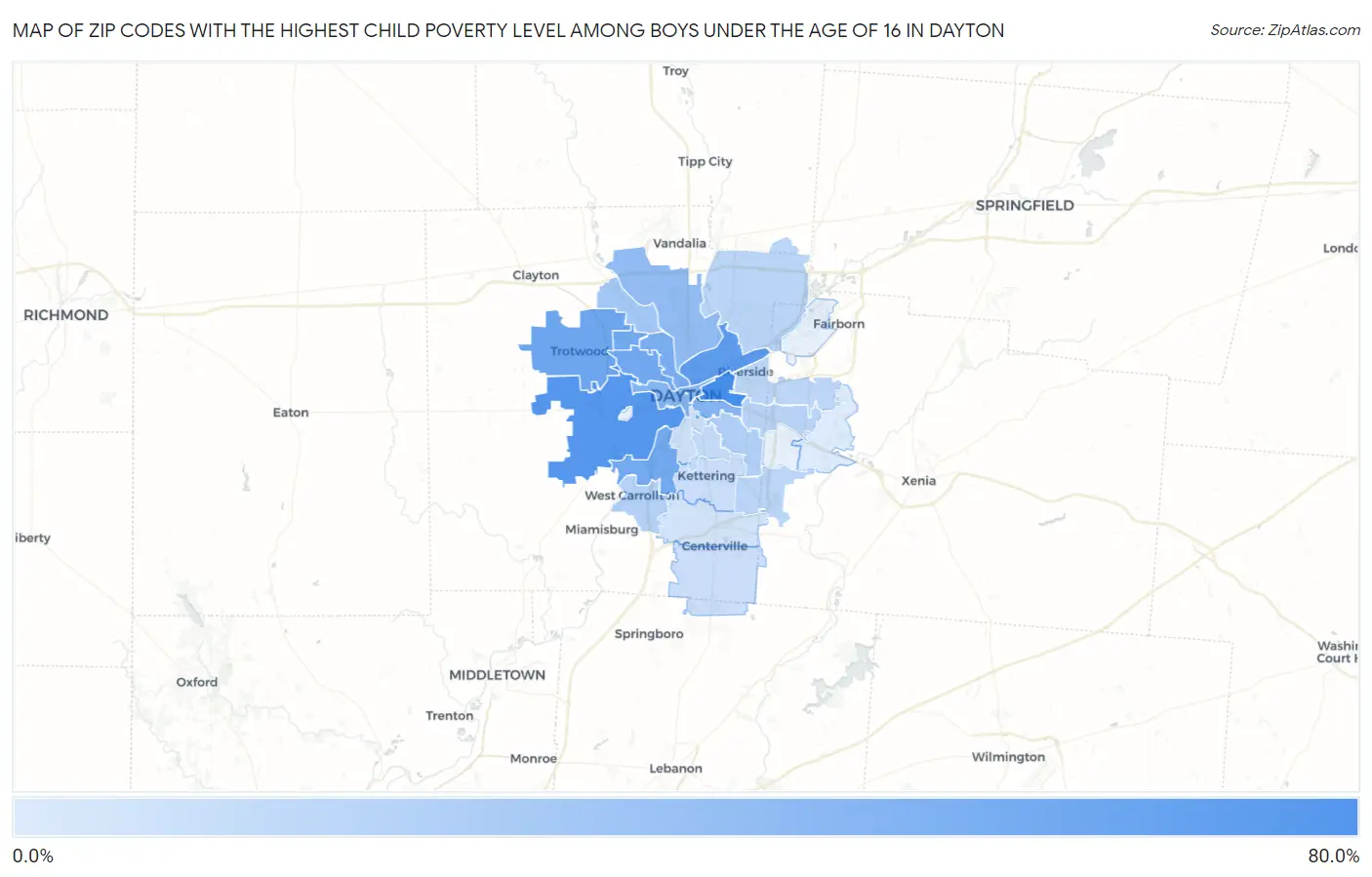 Zip Codes with the Highest Child Poverty Level Among Boys Under the Age of 16 in Dayton Map