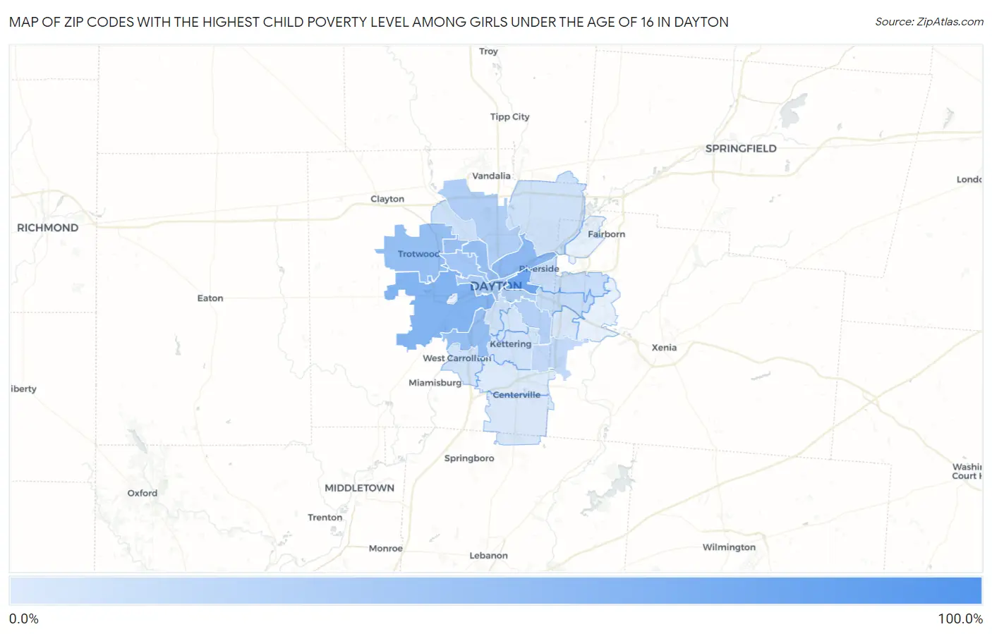 Zip Codes with the Highest Child Poverty Level Among Girls Under the Age of 16 in Dayton Map