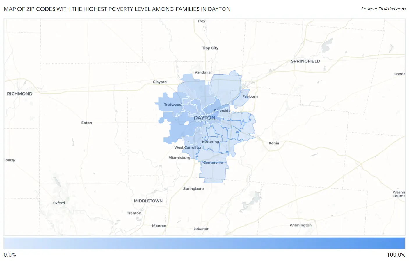 Zip Codes with the Highest Poverty Level Among Families in Dayton Map