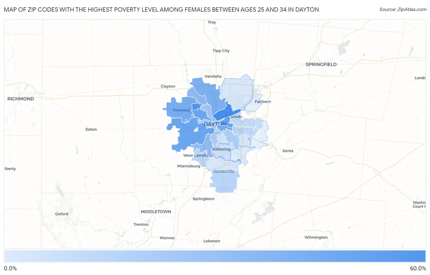 Zip Codes with the Highest Poverty Level Among Females Between Ages 25 and 34 in Dayton Map