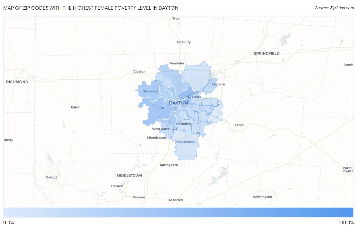 Zip Codes with the Highest Female Poverty Level in Dayton Map