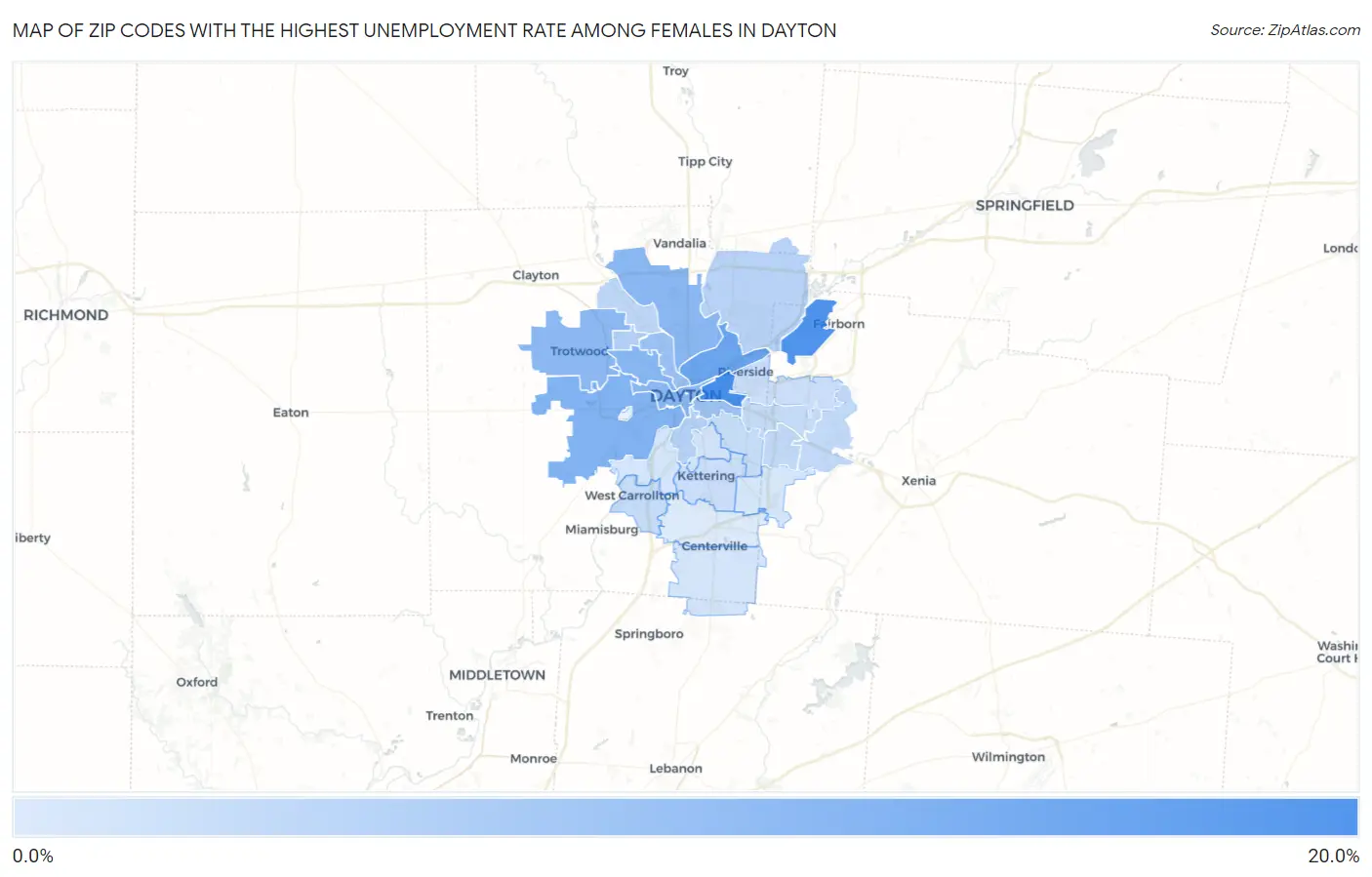 Zip Codes with the Highest Unemployment Rate Among Females in Dayton Map