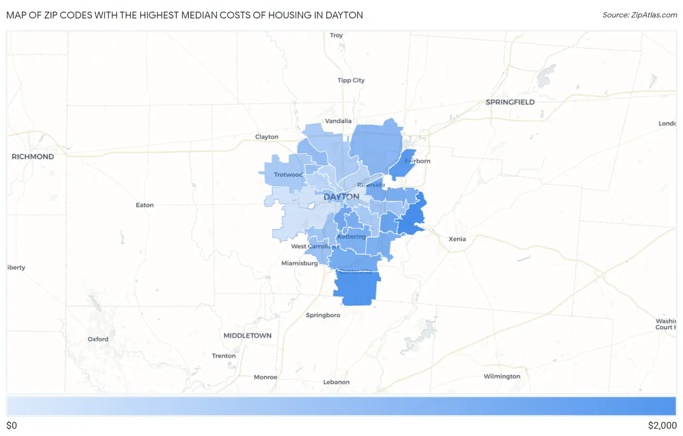 Zip Codes with the Highest Median Costs of Housing in Dayton Map
