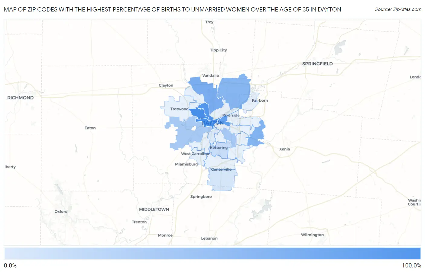 Zip Codes with the Highest Percentage of Births to Unmarried Women over the Age of 35 in Dayton Map
