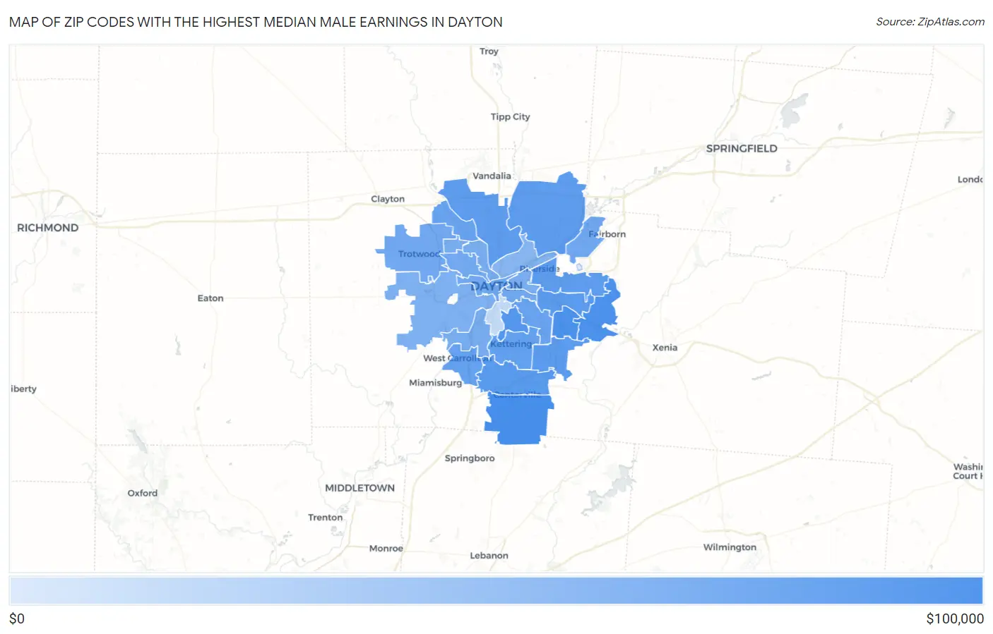 Zip Codes with the Highest Median Male Earnings in Dayton Map