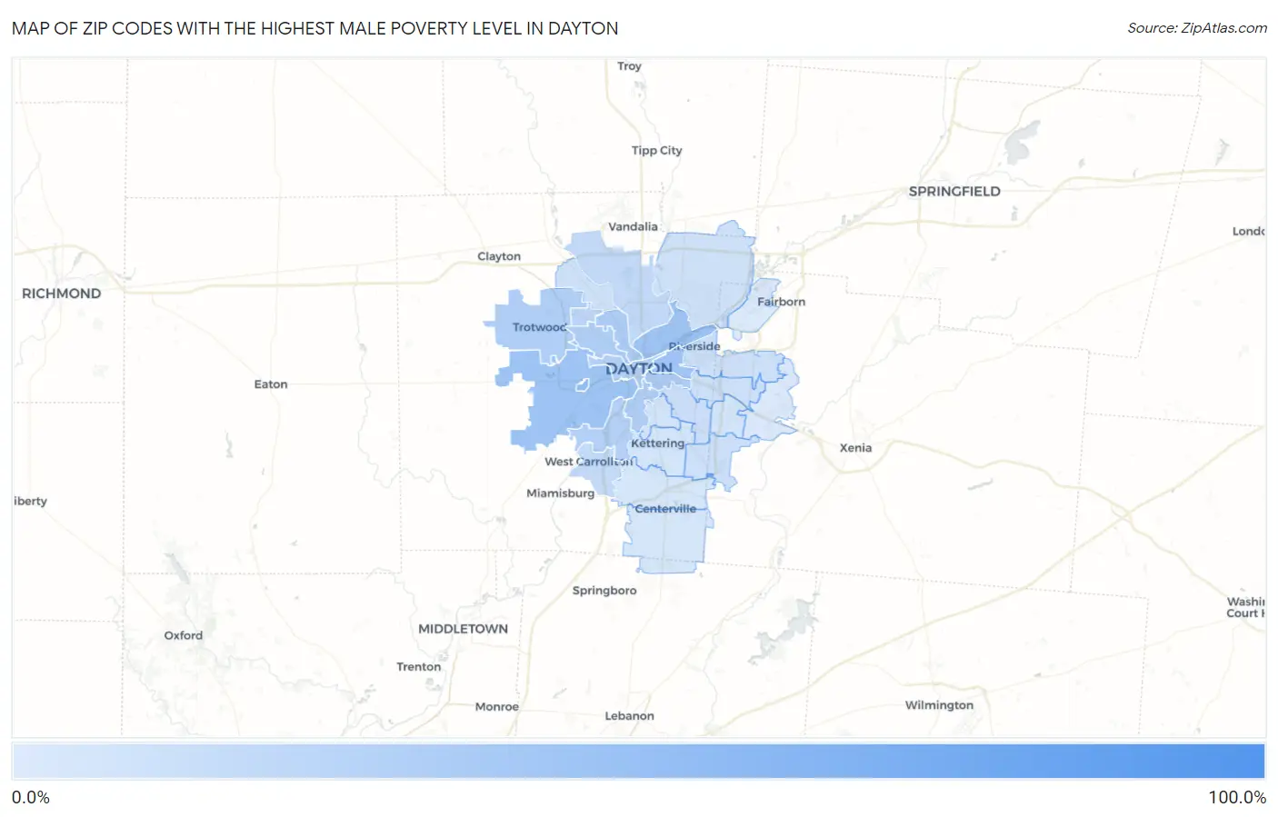 Zip Codes with the Highest Male Poverty Level in Dayton Map