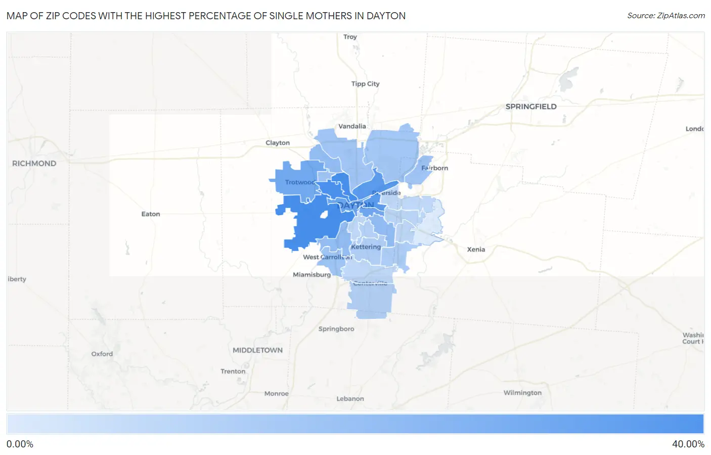 Zip Codes with the Highest Percentage of Single Mothers in Dayton Map