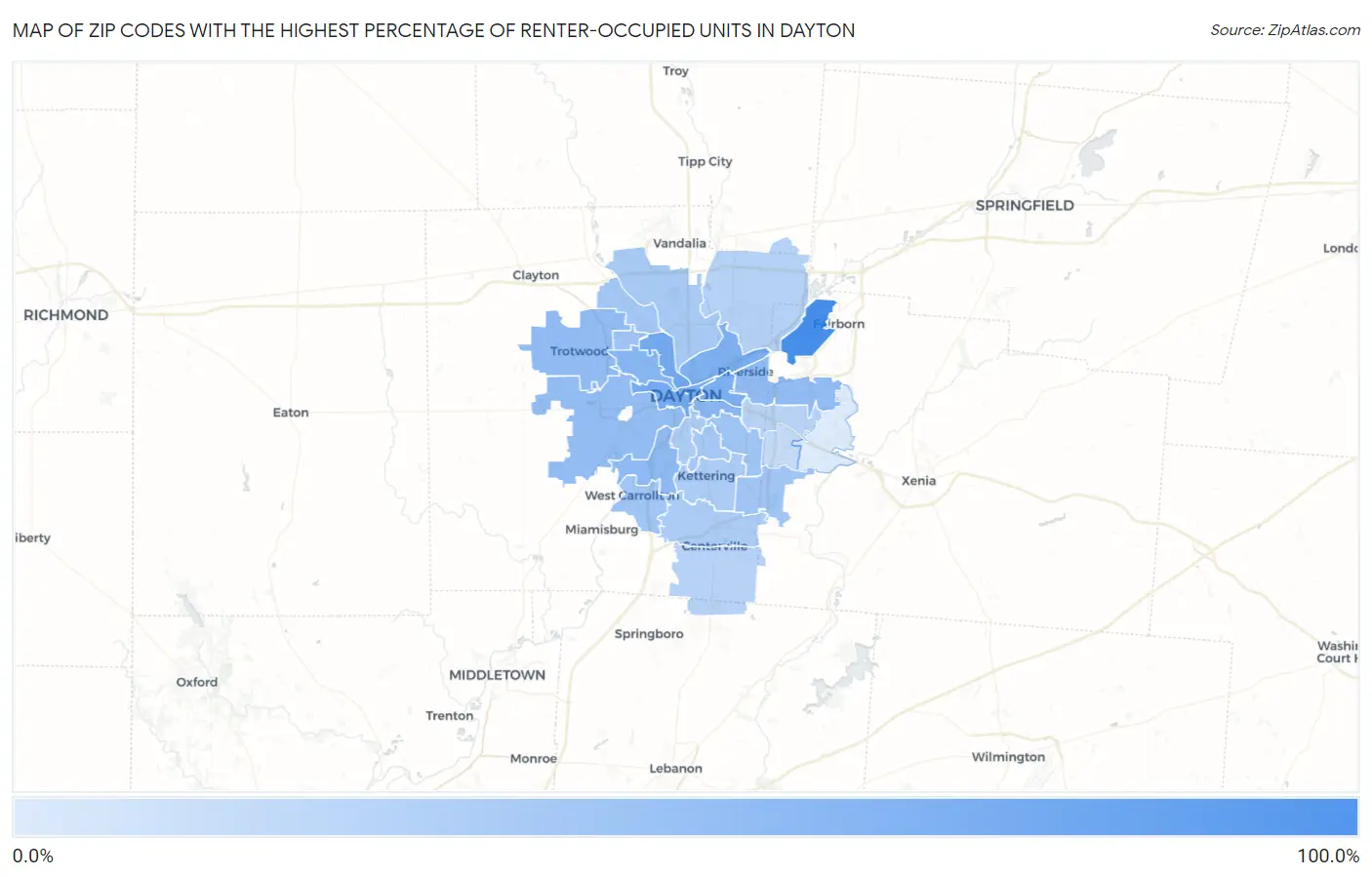 Zip Codes with the Highest Percentage of Renter-Occupied Units in Dayton Map