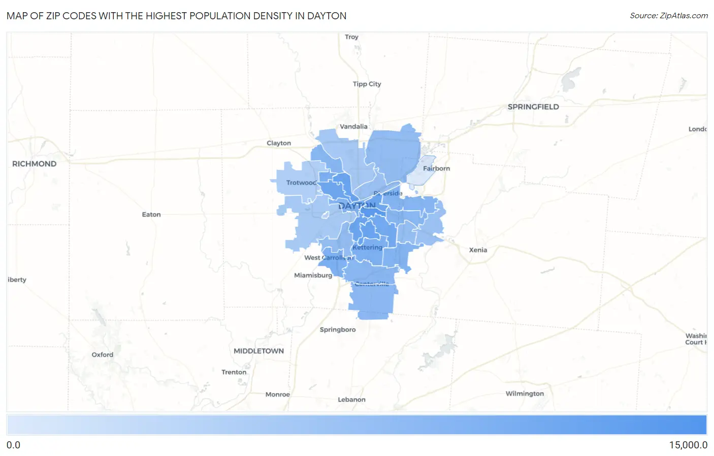 Zip Codes with the Highest Population Density in Dayton Map