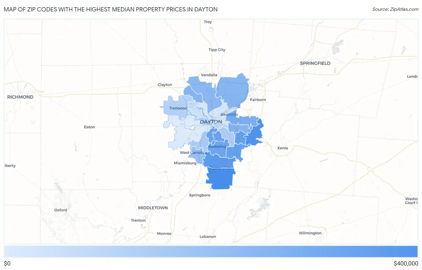 Zip Codes with the Highest Median Property Prices in Dayton Map