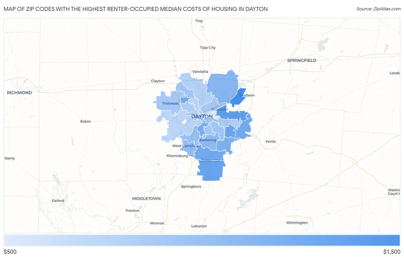 Zip Codes with the Highest Renter-Occupied Median Costs of Housing in Dayton Map