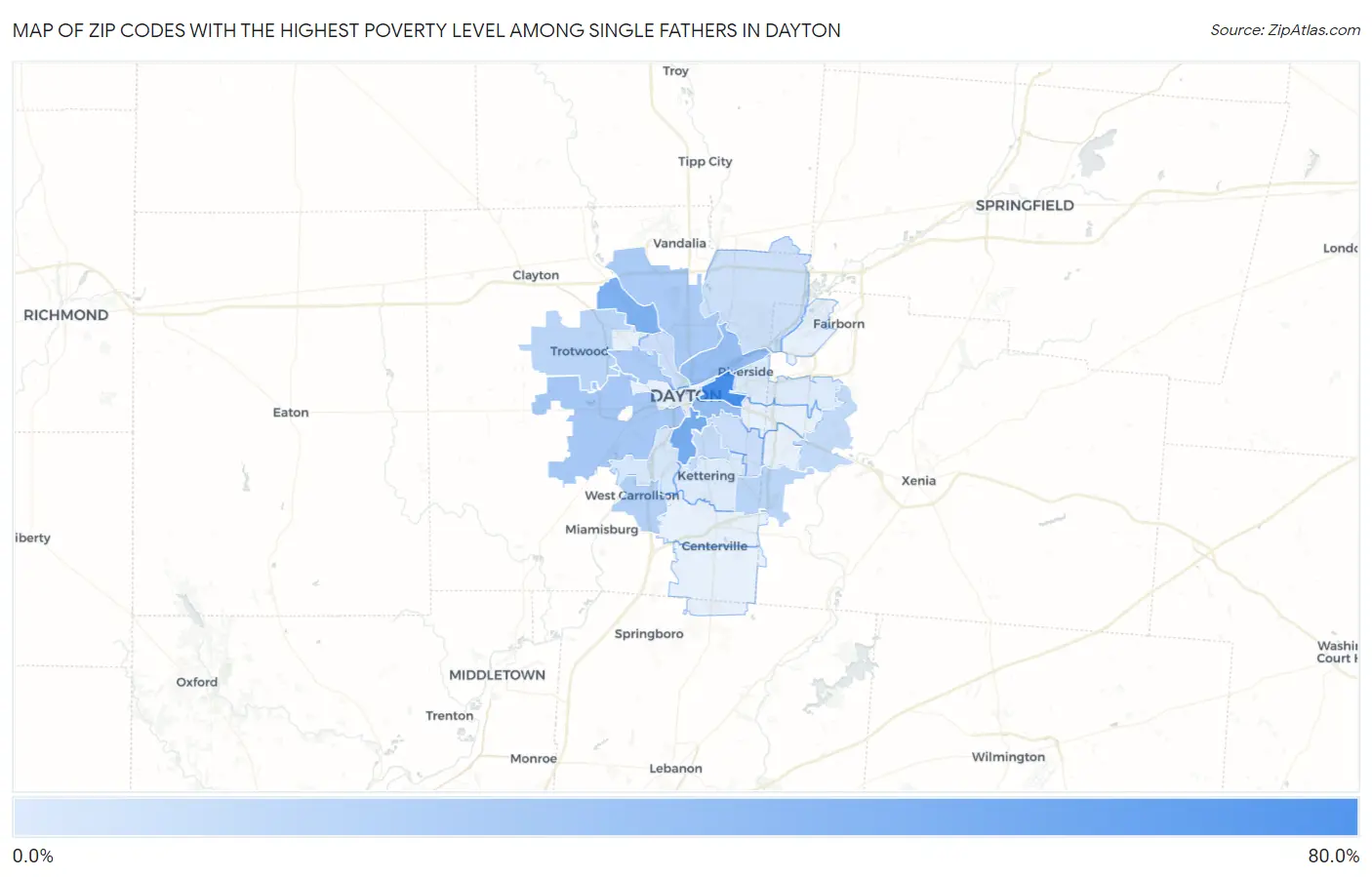 Zip Codes with the Highest Poverty Level Among Single Fathers in Dayton Map