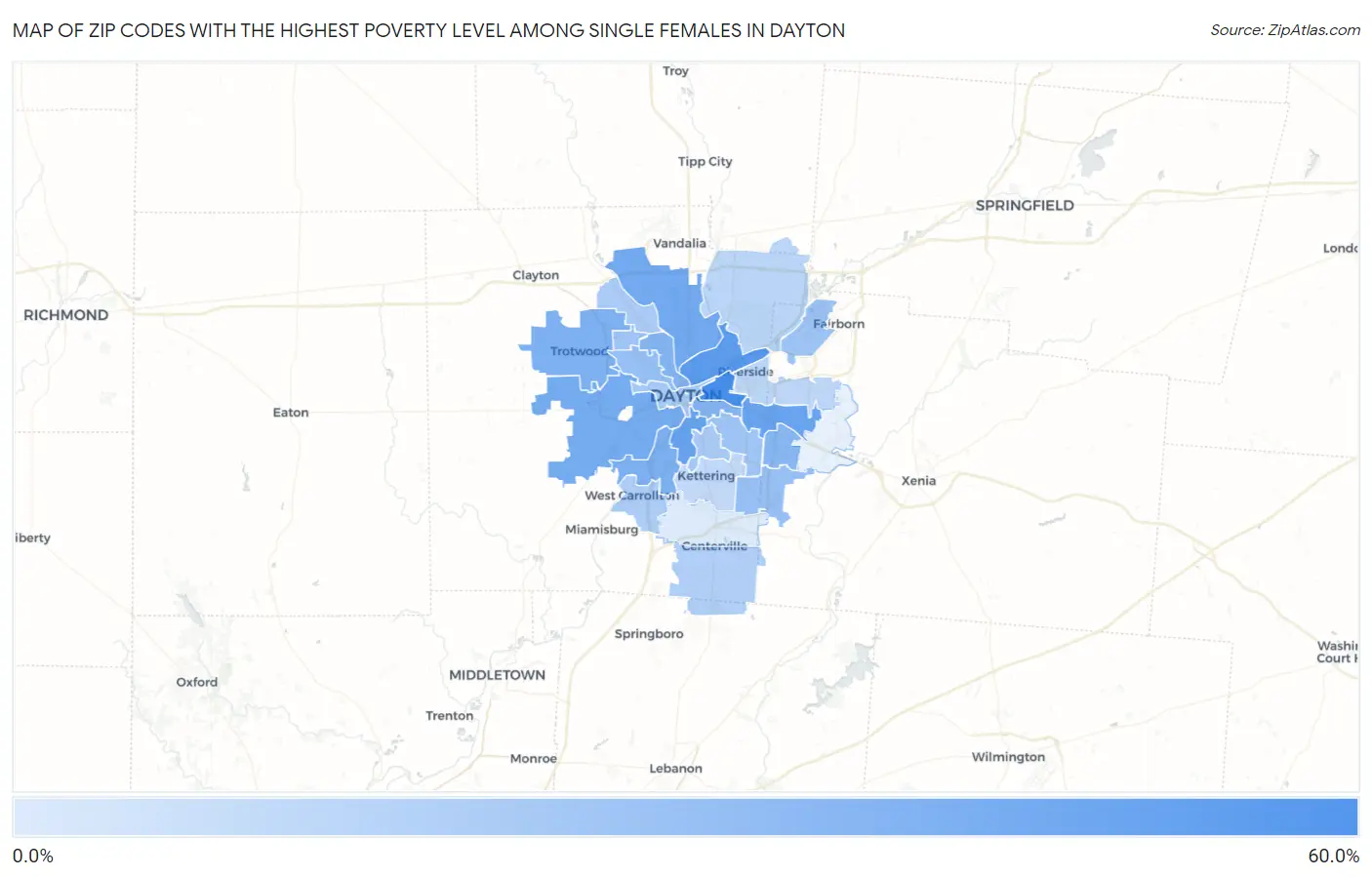 Zip Codes with the Highest Poverty Level Among Single Females in Dayton Map