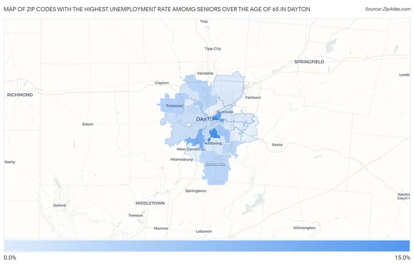 Zip Codes with the Highest Unemployment Rate Amomg Seniors Over the Age of 65 in Dayton Map