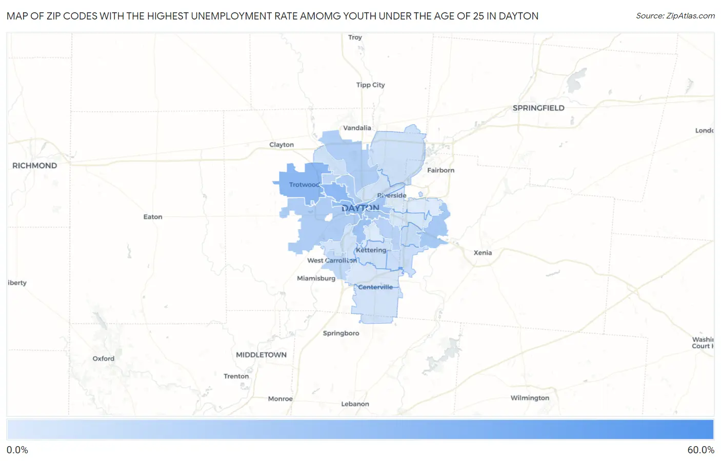 Zip Codes with the Highest Unemployment Rate Amomg Youth Under the Age of 25 in Dayton Map