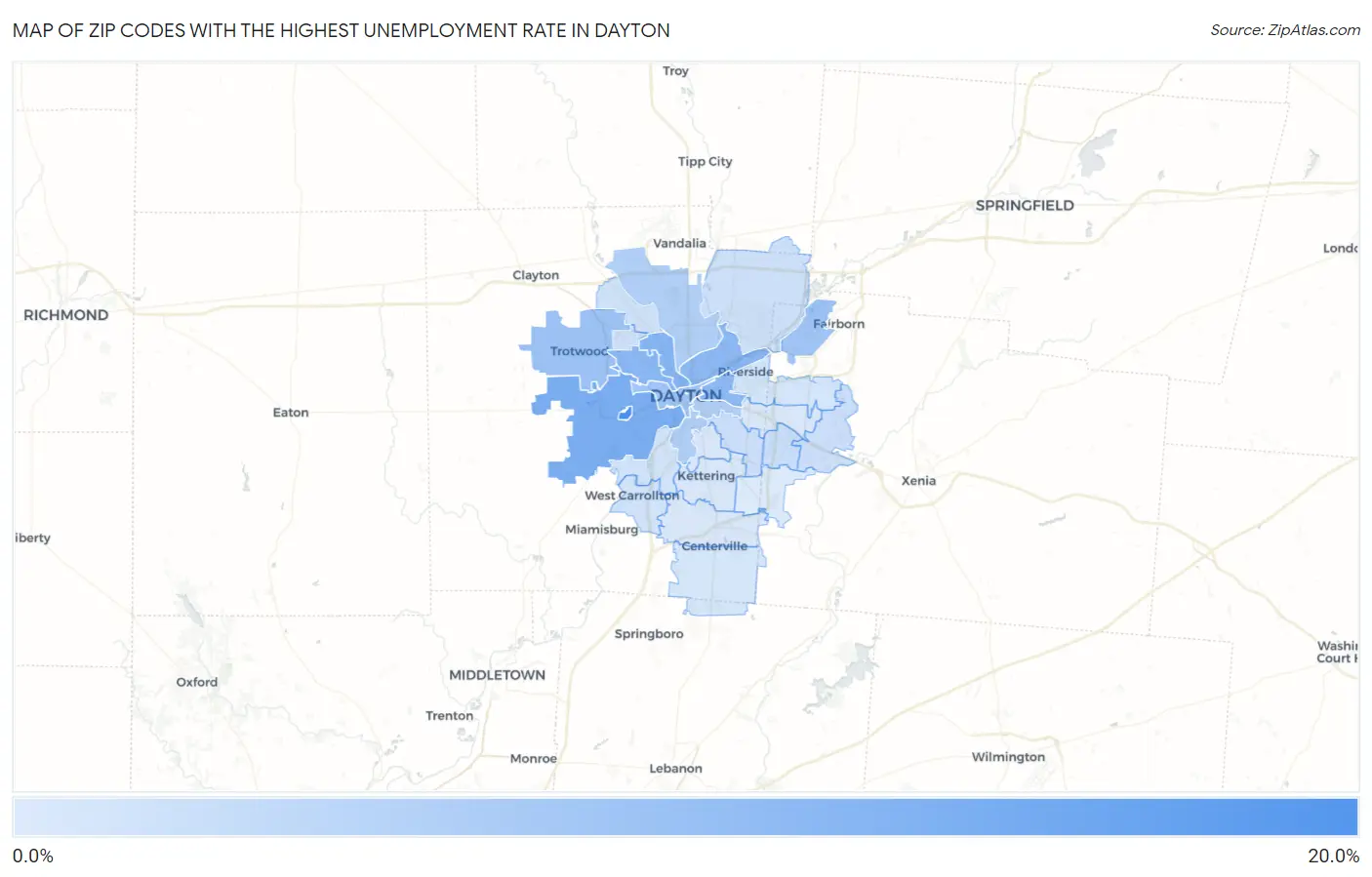 Zip Codes with the Highest Unemployment Rate in Dayton Map