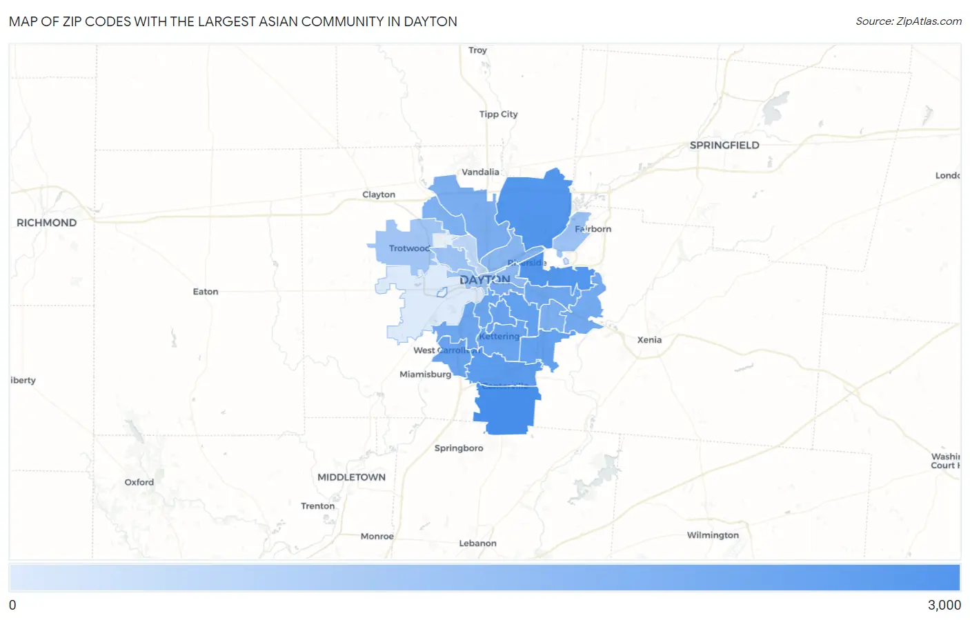 Zip Codes with the Largest Asian Community in Dayton Map