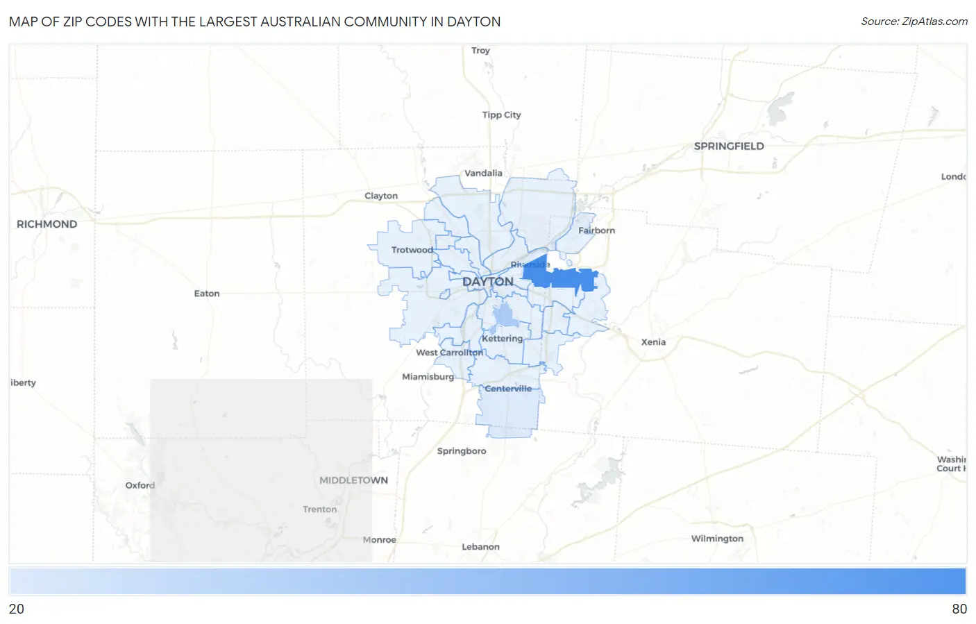 Zip Codes with the Largest Australian Community in Dayton Map