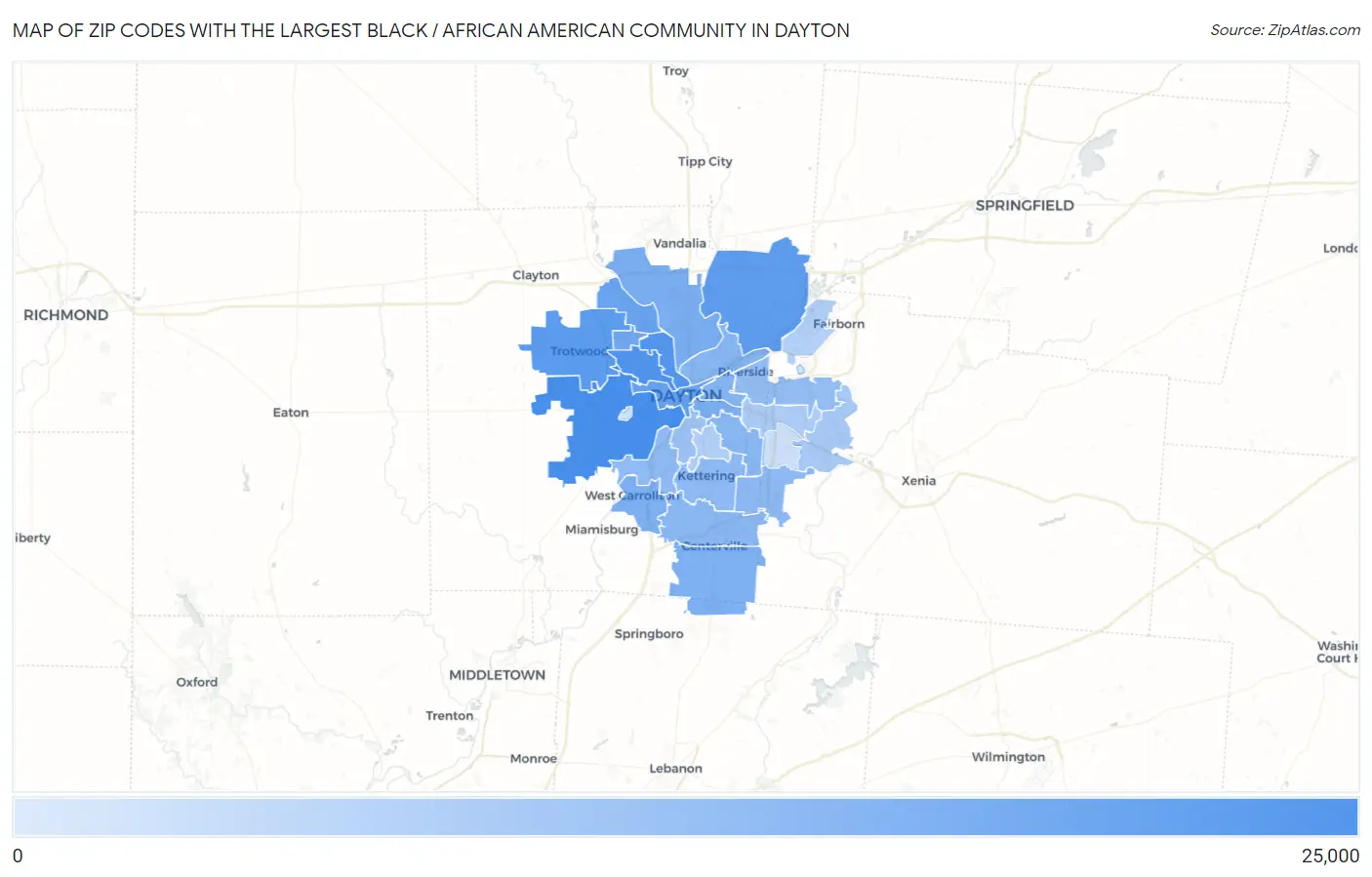 Zip Codes with the Largest Black / African American Community in Dayton Map