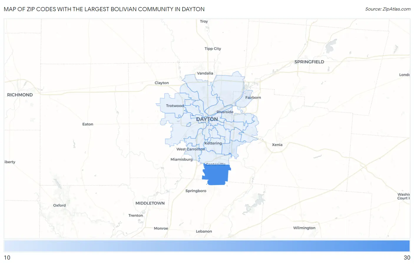 Zip Codes with the Largest Bolivian Community in Dayton Map