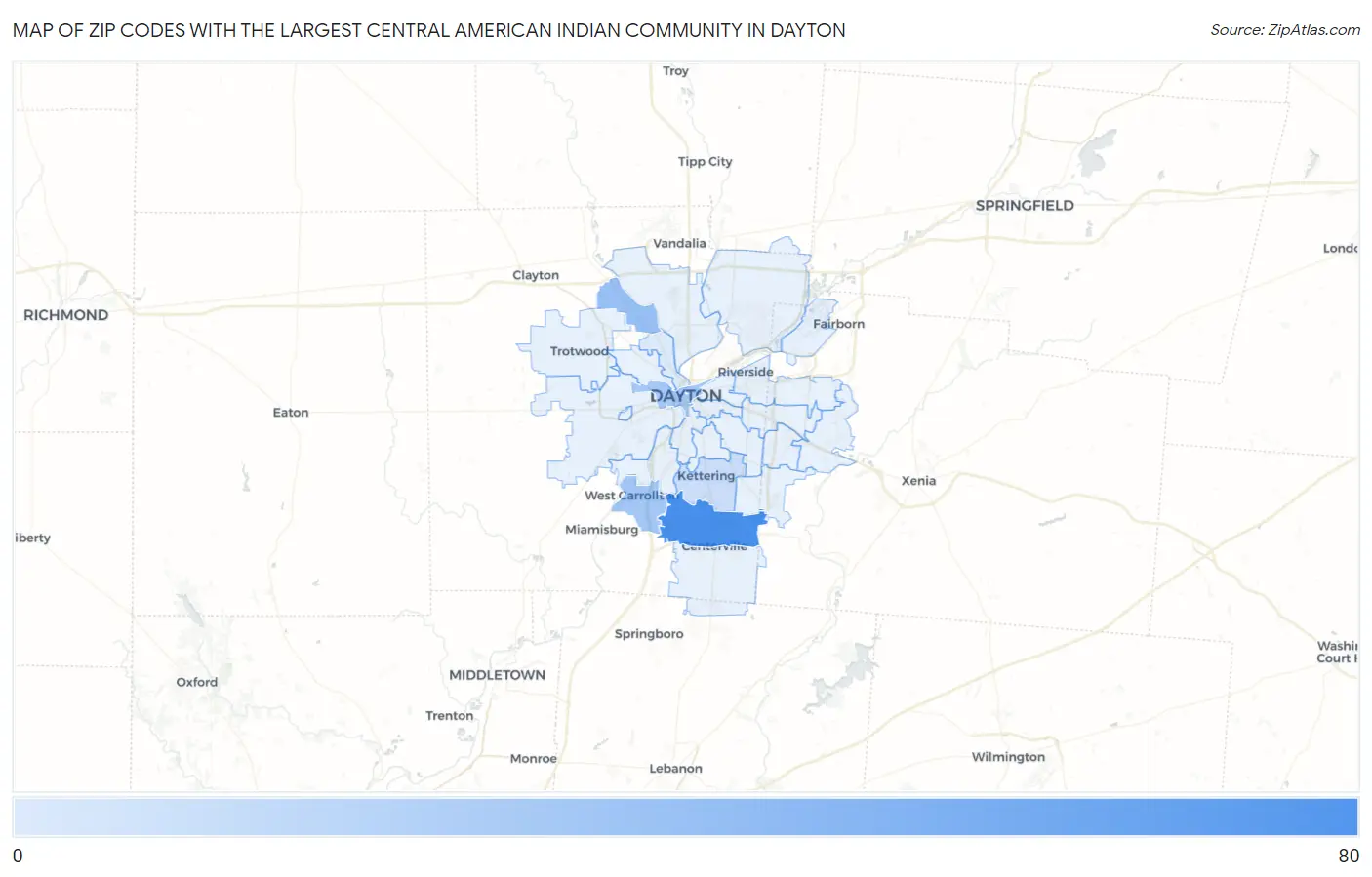 Zip Codes with the Largest Central American Indian Community in Dayton Map